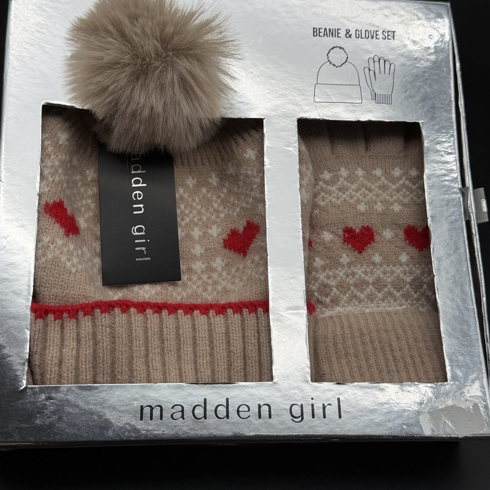 New Madden Girl Women Beanie Glove Set One Size Heart Fair Isle Pom Knit Gift